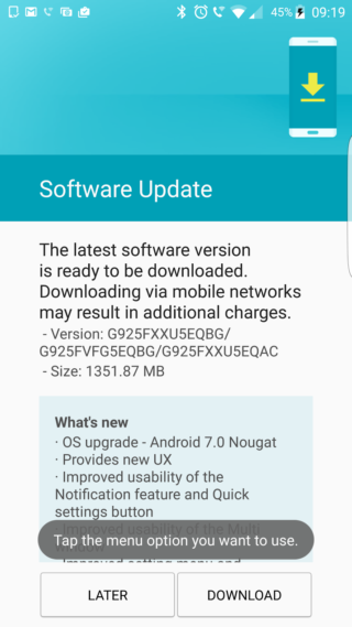 К сожалению, в настоящее время я не знаю, основано ли программное обеспечение на Nougat с мартовскими поправками безопасности, которые   Samsung, кроме того, недавно обсуждался   ,  Возможно да  Обновление, распространяемое через OTA, весит чуть более 1,35 ГБ